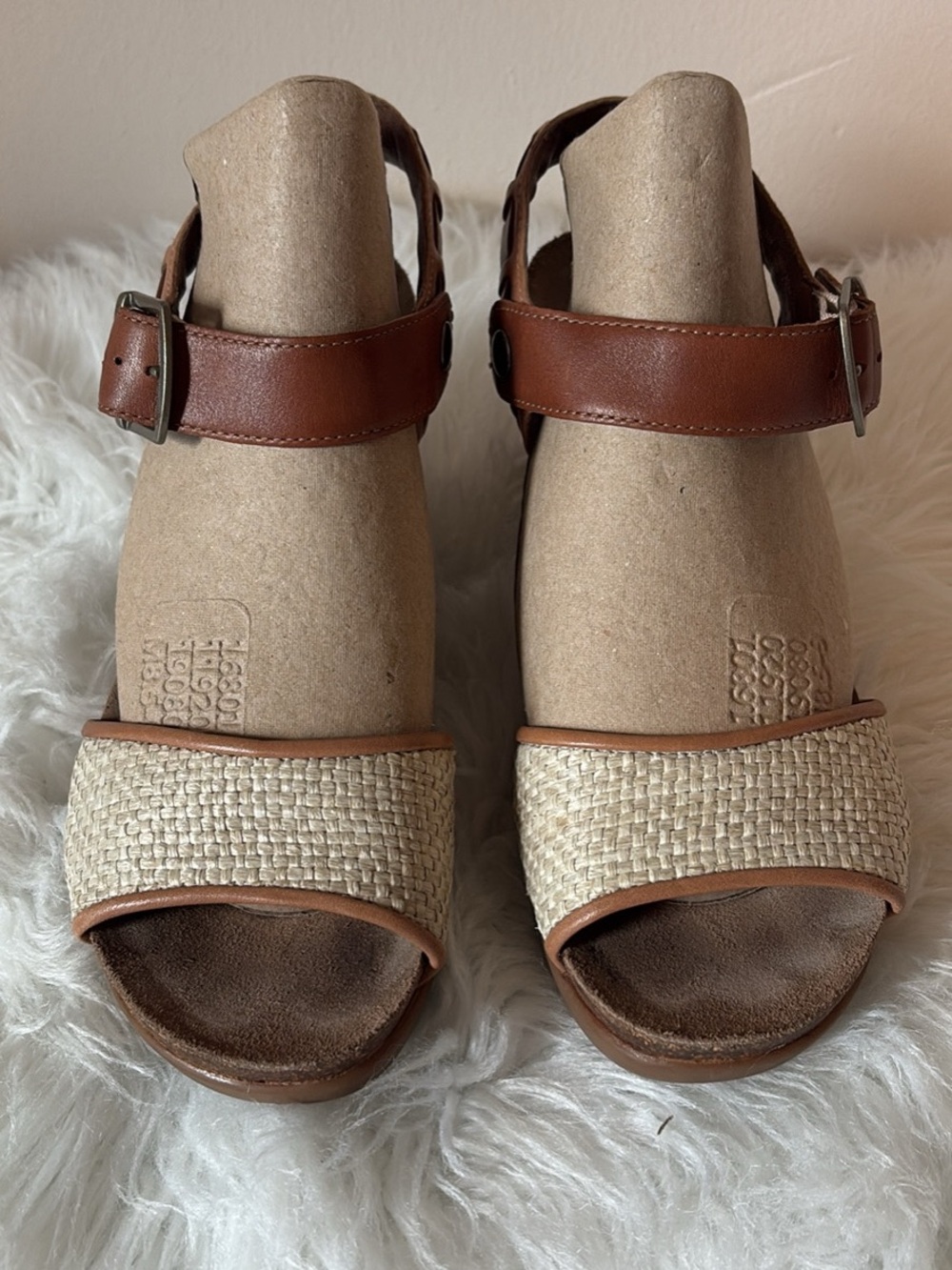 Dansko Brown Leather & Natural Woven Wedge Sandals